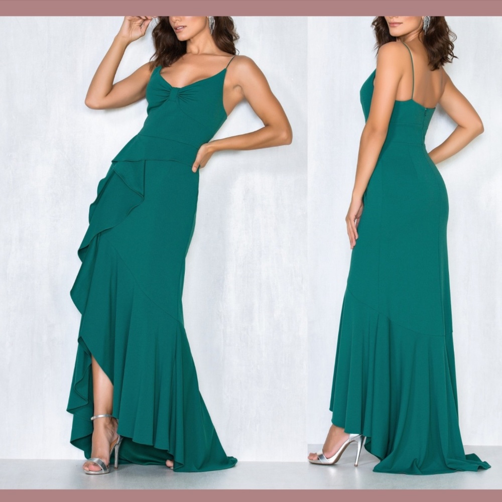 NEW $189 Adrianna Papell [ 0 ] Knit Crepe Cascade‎ Gown in Bright Palm Green